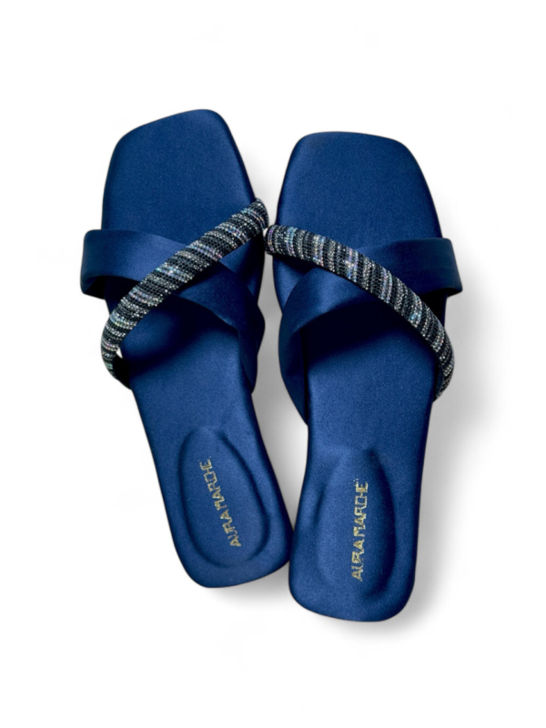 Bleuvoir by Aura Marche – Midnight blue silk sandal with crystal-embellished straps