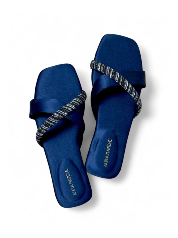 Bleuvoir by Aura Marche – Midnight blue silk sandal with crystal-embellished straps
